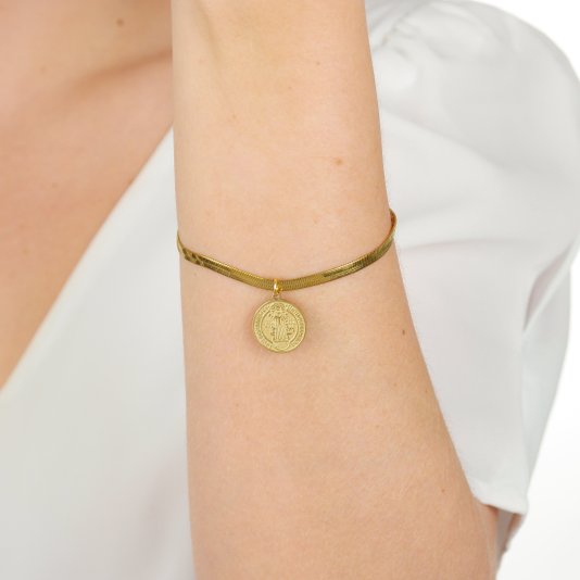 Pulseira da Medalha de São Bento Gravada a Laser em Inox - Dourado