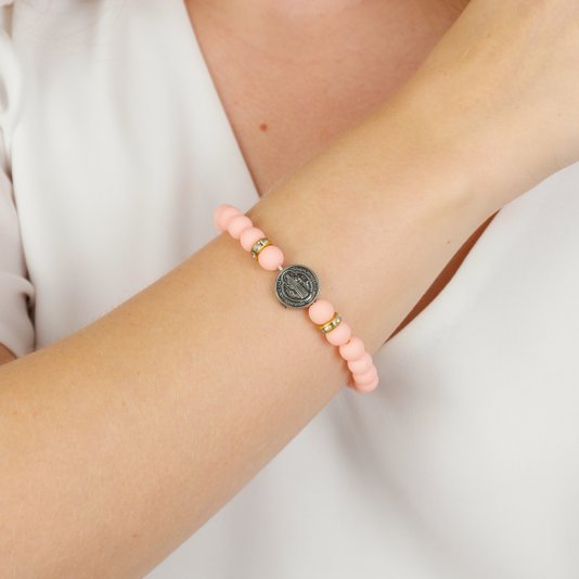 Pulseira da Medalha de São Bento Rosa com Strass e Crucifixo - 3Un