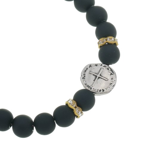 Pulseira da Medalha das Duas Cruzes com Strass - Preto - 3Un