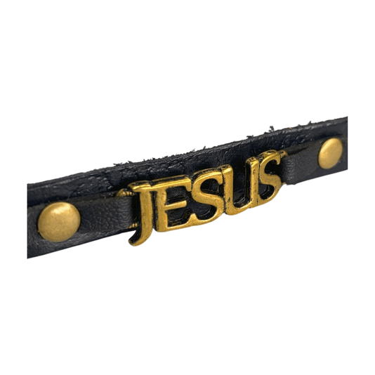Pulseira de Couro Jesus Fina - Preta
