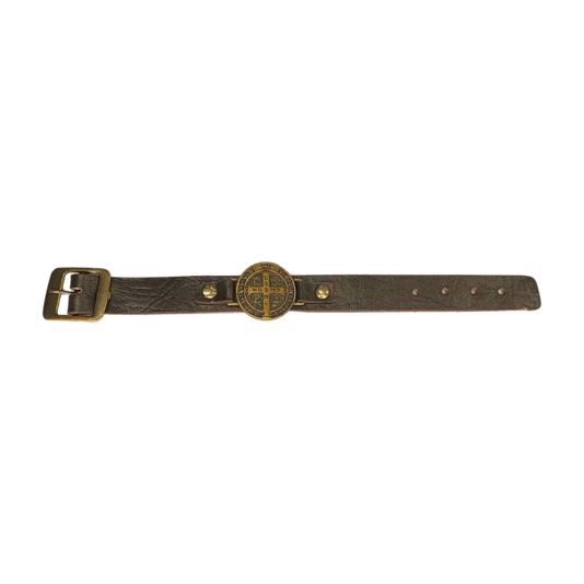 Pulseira de Couro Medalha de São Bento - Marrom
