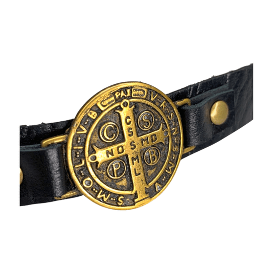 Pulseira de Couro Medalha de São Bento Ouro Velho - Preta