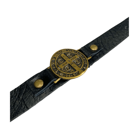 Pulseira de Couro Medalha de São Bento Ouro Velho - Preta