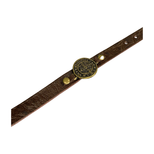 Pulseira de Couro Medalhas de São Bento Fina - Marrom