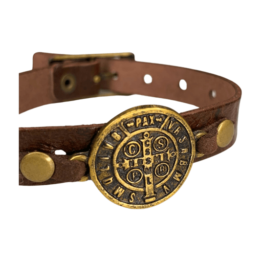 Pulseira de Couro Medalhas de São Bento Fina - Marrom