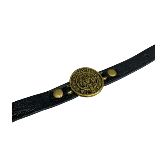 Pulseira de Couro com Medalha de São Bento Fina - Preta