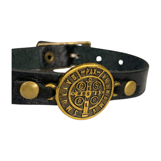 Pulseira de Couro com Medalha de São Bento Fina - Preta