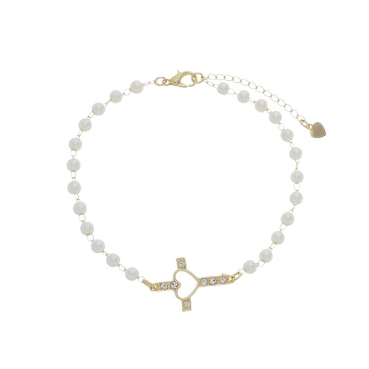 Pulseira de Cruz e Coração com Strass e Contas Pérola - Folheada