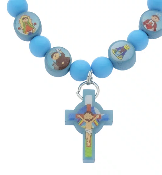 Pulseira de Elástico com Medalhas de Santos Variados - Azul Claro