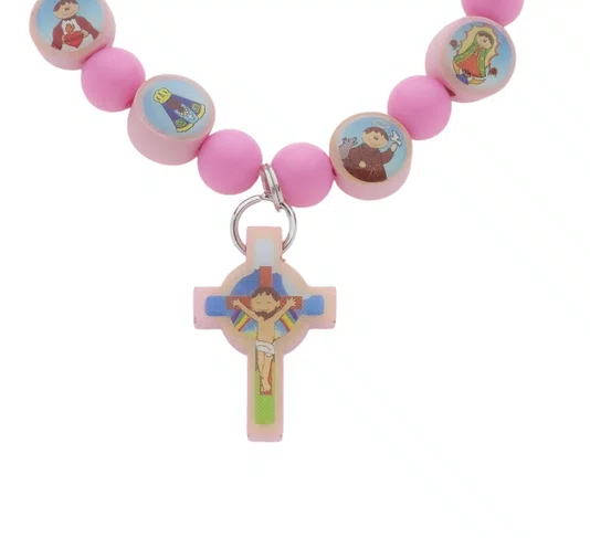 Pulseira de Elástico com Medalhas de Santos Variados - Rosa Claro