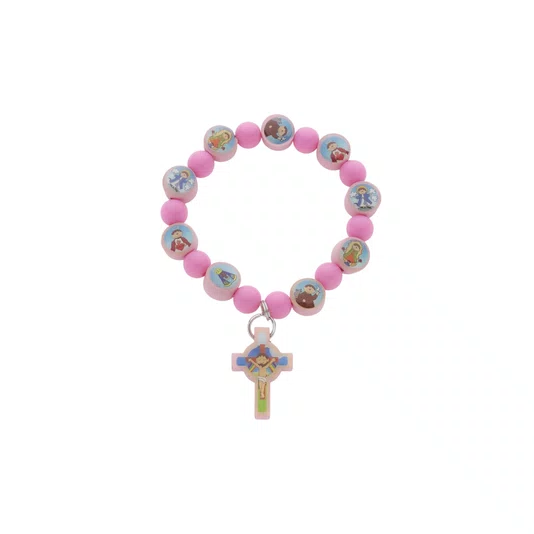 Pulseira de Elástico com Medalhas de Santos Variados - Rosa Claro
