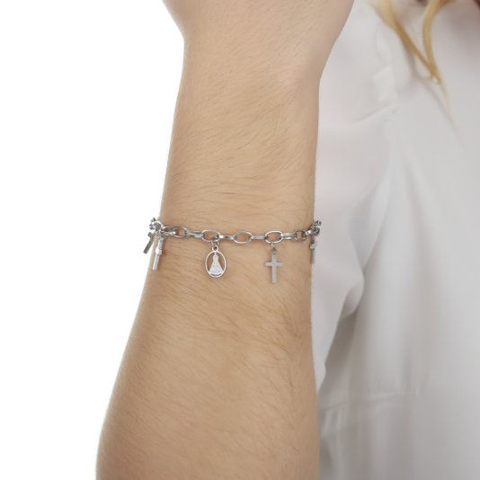Pulseira de Nossa Senhora Aparecida e Cruz em Inox - Prata