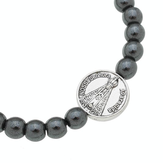 Pulseira com Medalha de Nossa Senhora Aparecida e Contas em Hematita - Prata