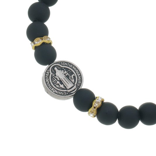 Pulseira da Medalha de São Bento com Detalhe em Strass - Preta - 3Un