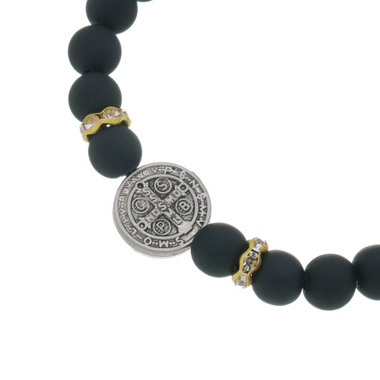 Pulseira da Medalha de São Bento com Detalhe em Strass - Preta - 3Un