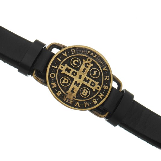Pulseira de São Bento em Couro Preto Legítimo com Fecho de Imã