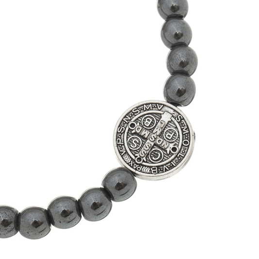 Pulseira com Medalha de São Bento e Contas em Hematita - Prata