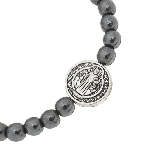 Pulseira com Medalha de São Bento e Contas em Hematita - Prata