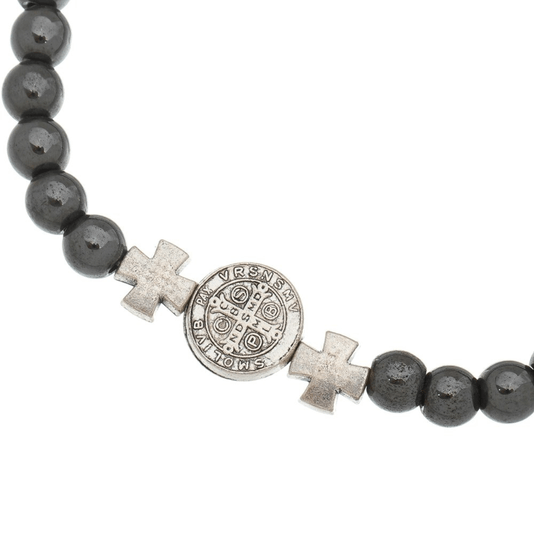 Pulseira com Medalha de São Bento e Contas em Hematita - Elástico