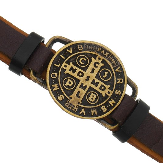 Pulseira de São Bento em Couro Marrom Legítimo com Fecho de Imã