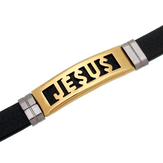 Pulseira em Couro Sintetico com Jesus Dourado em Metal