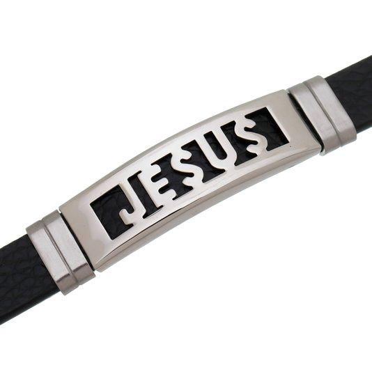 Pulseira em Couro Sintetico com Jesus em Inox