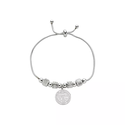 Pulseira em Inox com Berloques e Pingente da Medalha de São Bento