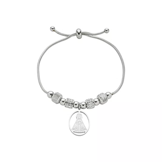 Pulseira em Inox com Berloques e Pingente de Nossa Senhora Aparecida Vazada