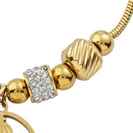 Pulseira em Inox Dourada com Berloques e Pingente de Nossa Senhrora Aparecida