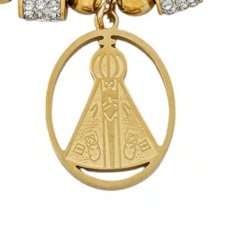 Pulseira em Inox Dourada com Berloques e Pingente de Nossa Senhrora Aparecida