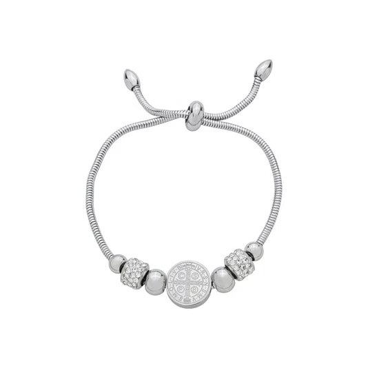 Pulseira em Inox Prata com Berloques e Strass e Pingente da Medalha de São Bento