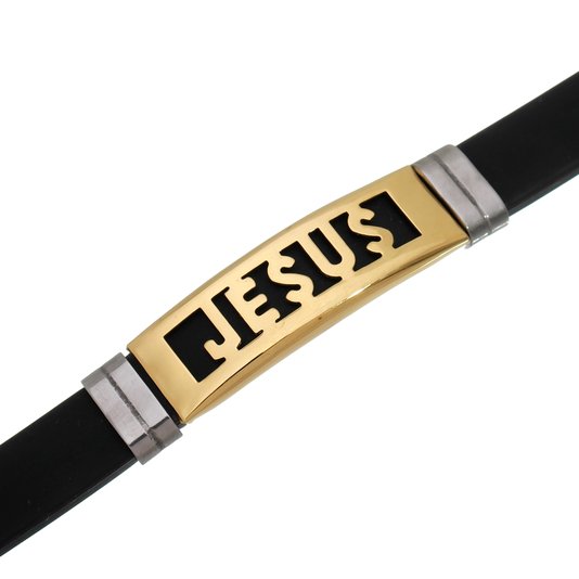 Pulseira de Silicone com Jesus em Metal - Dourado
