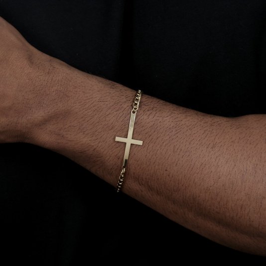 Pulseira Masculina com Pingente de Cruz em Inox - Dourado