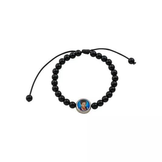 Pulseira Regulável Resinada São Carlo Acutis Pérola Preta 6mm