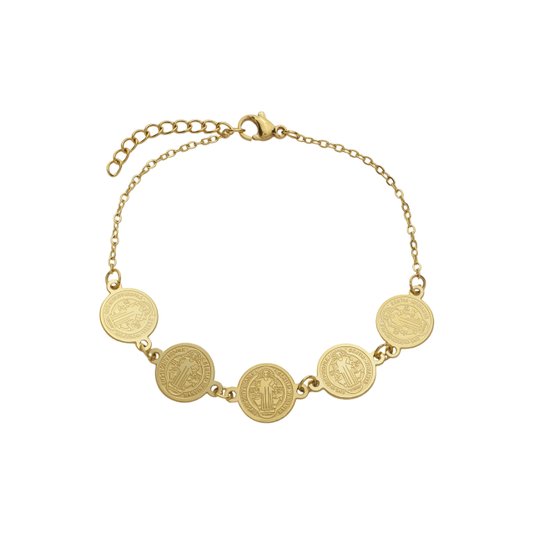 Pulseira com Medalhas de São Bento em Inox - Dourado