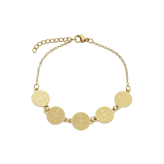 Pulseira com Medalhas de São Bento em Inox - Dourado