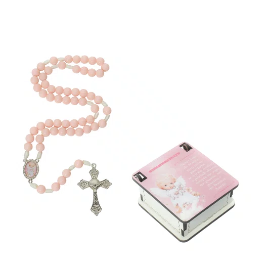 Terço Anjo da Guarda com porta terço em MDF - rosa