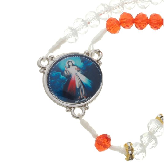 Terço com Entremeio de Jesus Misericordioso - Cristal Transparente e Vermelho
