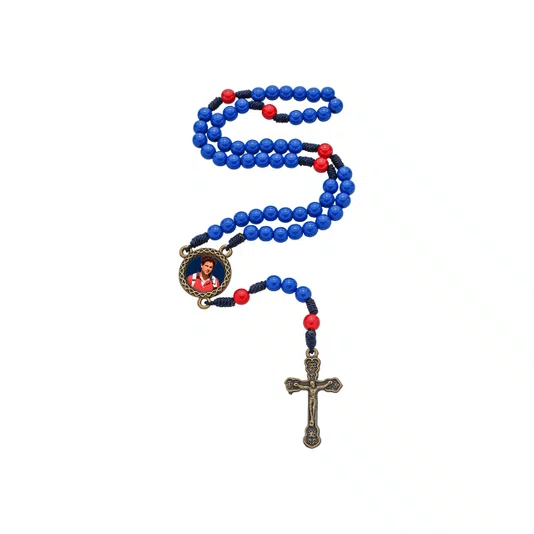 Terço com Folheto Carlos Acutis - Pérola Azul e Vermelho 6mm