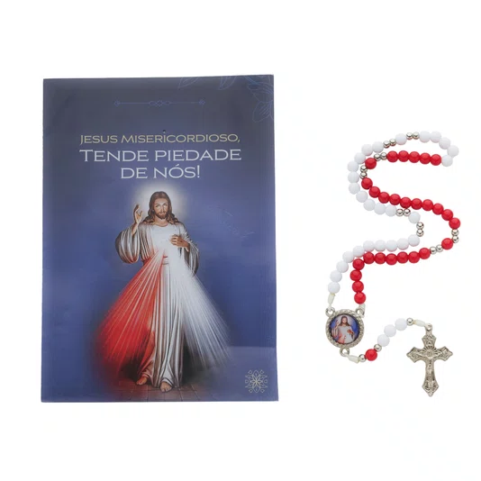 Terço com Folheto de Jesus Misericordioso e Santa Faustina - Branco e Vermelho