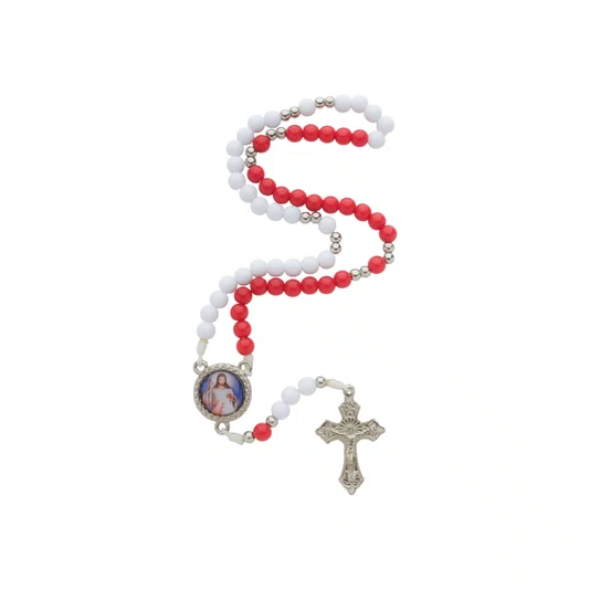 Terço com Folheto de Jesus Misericordioso e Santa Faustina - Branco e Vermelho