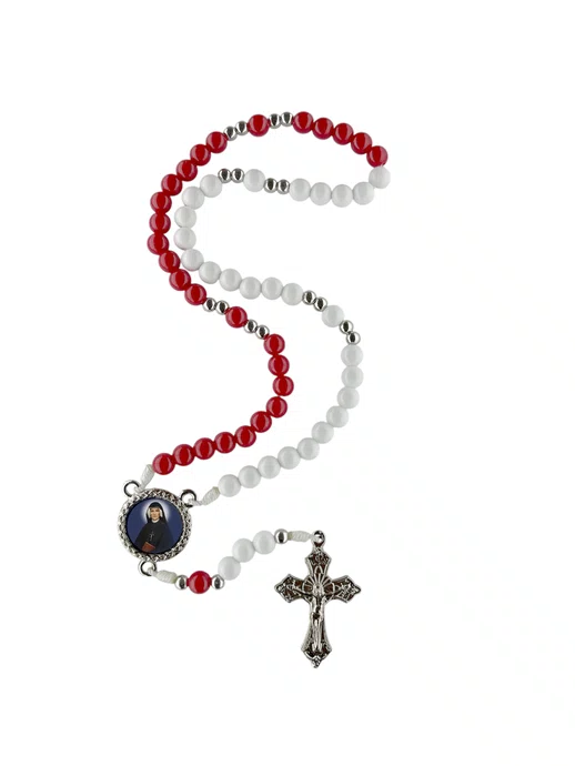 Terço com Folheto de Jesus Misericordioso e Santa Faustina - Branco e Vermelho