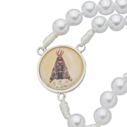 Terço com Folheto de Nossa Senhora Aparecida - Pérola Branca Abs 8mm