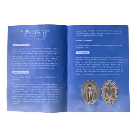 Terço com Folheto de Nossa Senhora das Graças - Cristal Azul