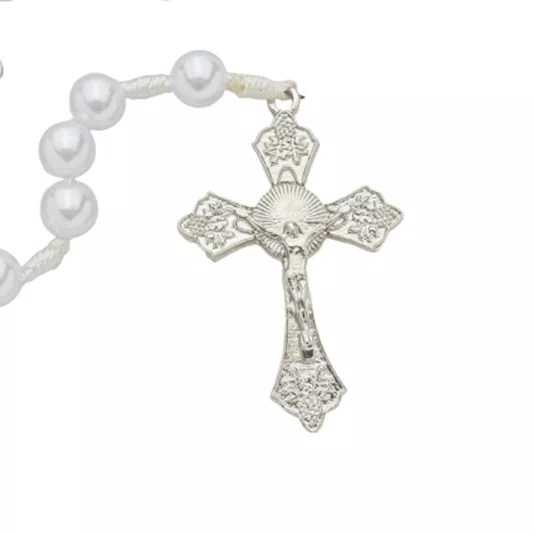Terço com Folheto de Nossa Senhora Das Graças - Pérola Branca Abs 8mm