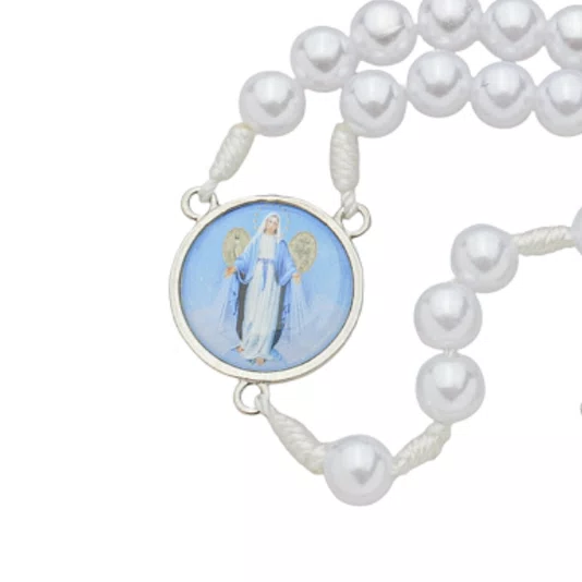 Terço com Folheto de Nossa Senhora Das Graças - Pérola Branca Abs 8mm