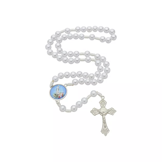 Terço com Folheto de Nossa Senhora de Fátima - Pérola Branca Abs 8mm