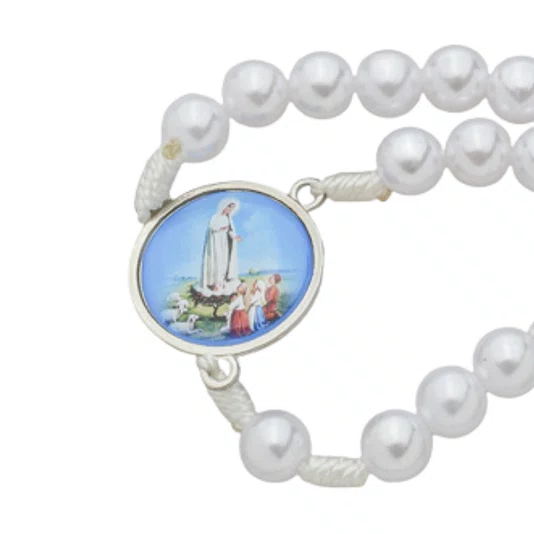 Terço com Folheto de Nossa Senhora de Fátima - Pérola Branca Abs 8mm
