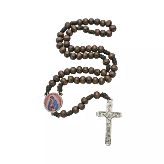 Terço com Folheto de Nossa Senhora de Guadalupe - Madeira Marrom Escuro 8mm