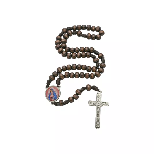 Terço com Folheto de Nossa Senhora de Guadalupe - Madeira Marrom Escuro 8mm